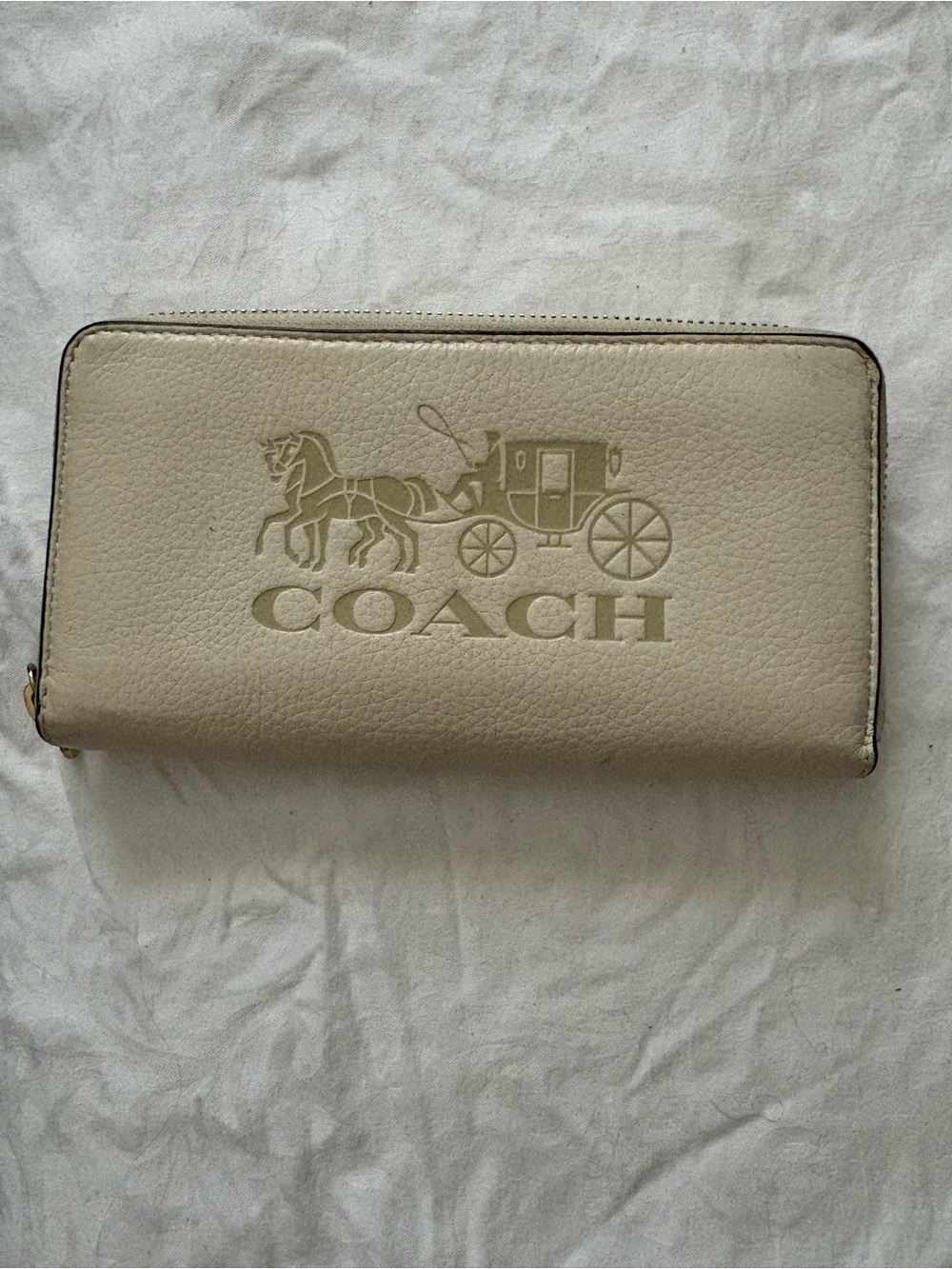 COACH Cream Leather Zip Wallet with Embossed Carriage